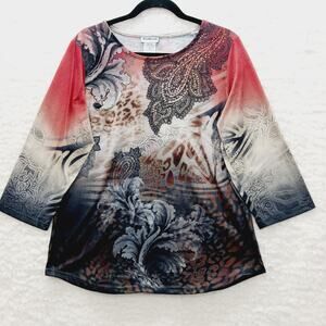 T-Shirt Ombre Paisley Long Sleeve Scoop Grunge Rhinestone Witchy Goth Y2K Size M